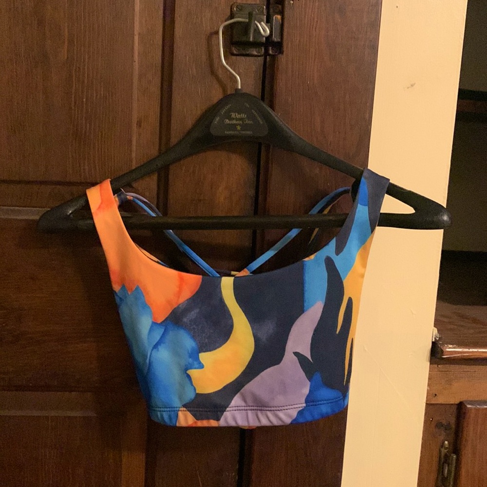 Onzie multicolored paint swirl bathing suit top w/ stringed back worn once
